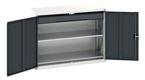 Verso kitted cupboard with 2 shelves, 1 drawer. WxDxH: 1300x550x1000mm. RAL 7035/5010 or selected Bott Verso Basic Tool Cupboards Cupboard with shelves